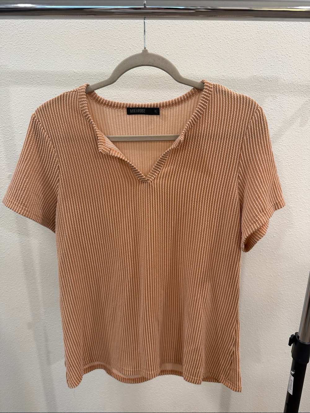 Mikarose Peach Ribbed V-Notch Short Sleeve Top